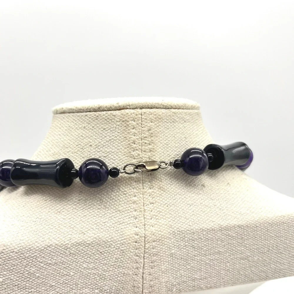 Vintage Black Onyx Amethyst Beaded Necklace Sterling Silver 925 Clasp 19 Inch